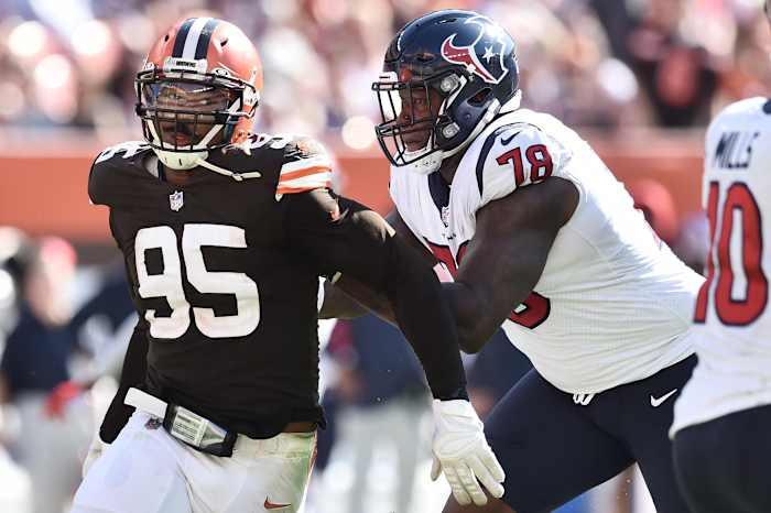 Texans offensive tackle Laremy Tunsil (78) blocks Cleveland Browns defensive end Myles Garrett (95) during the second half at FirstEnergy Stadium.